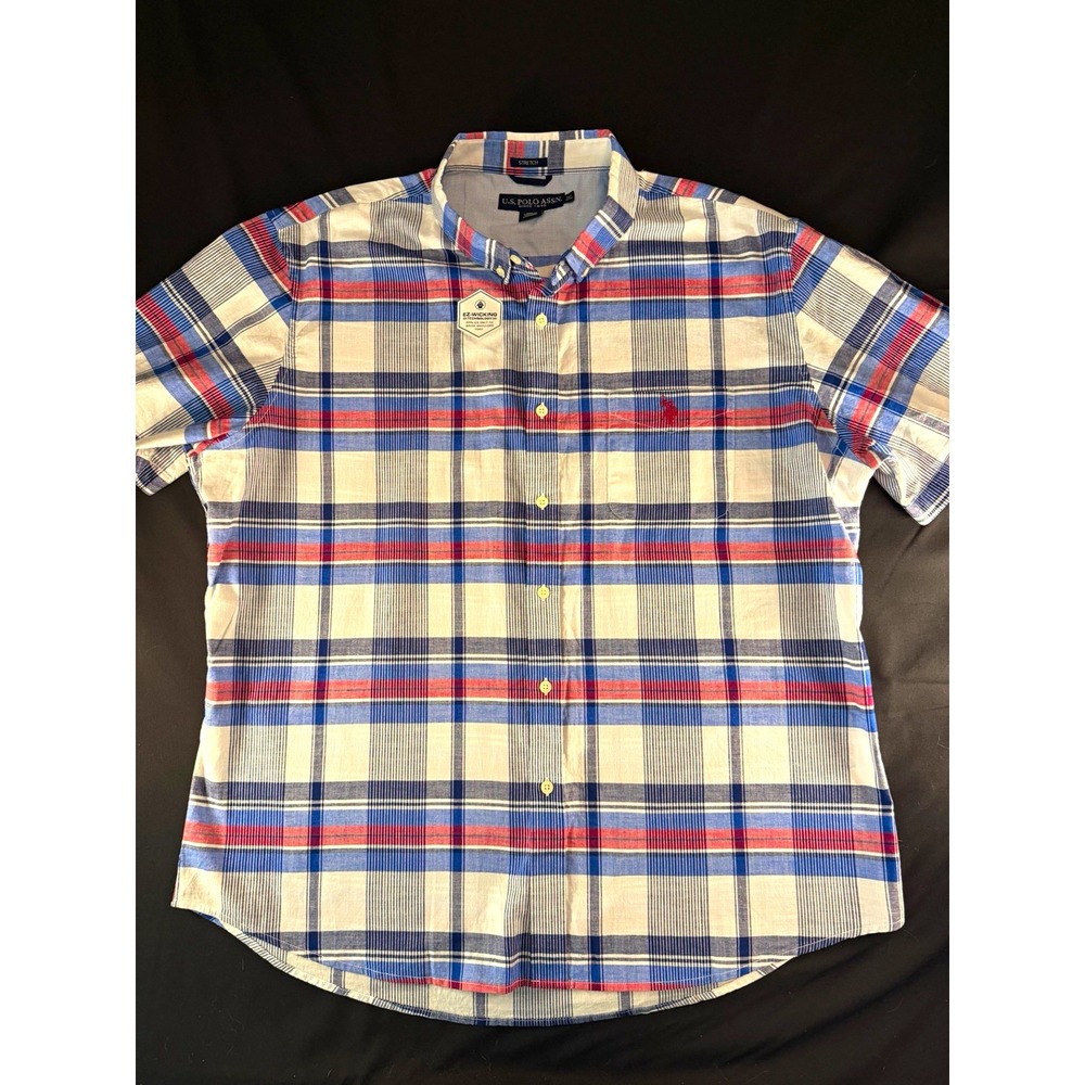 U.S. Polo Assn. Stretch Blue White Red Plaid Men's Button-Down SS Shirt, 2XL